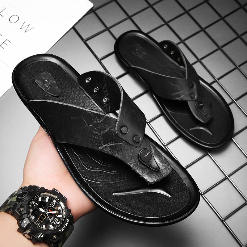 New Arrival Summer Shoes Men Luxury Flip Flops Soft Cow Leather Slippers Mens Italian High Quality Handmade Sandals Comfortable Male Flats Shoes Slip On Casual Shoes Cool Outdoor Mens Slides Black