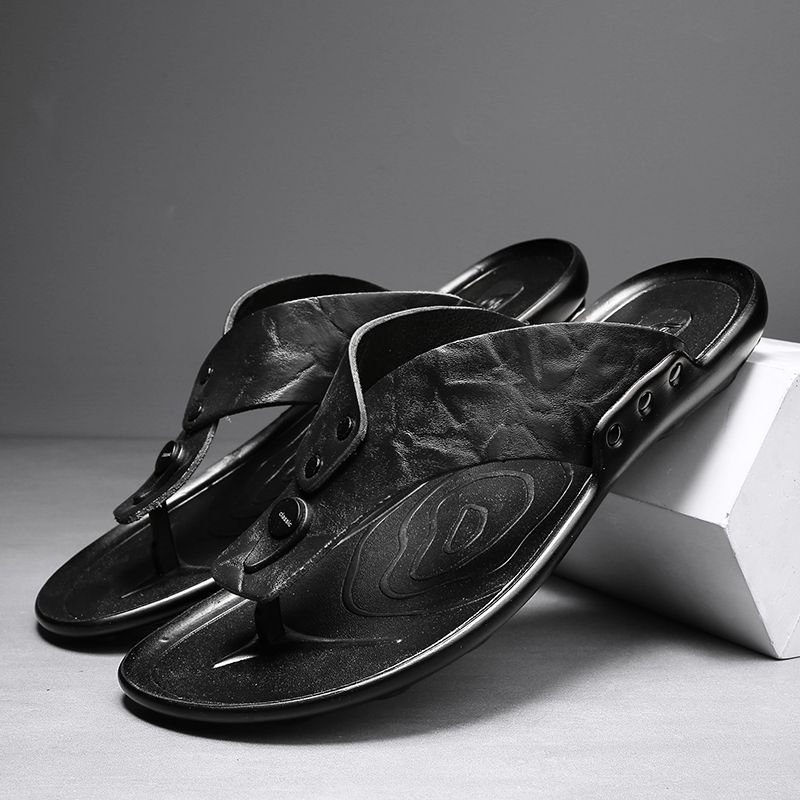 New Arrival Summer Shoes Men Luxury Flip Flops Soft Cow Leather Slippers Mens Italian High Quality Handmade Sandals Comfortable Male Flats Shoes Slip On Casual Shoes Cool Outdoor Mens Slides Black