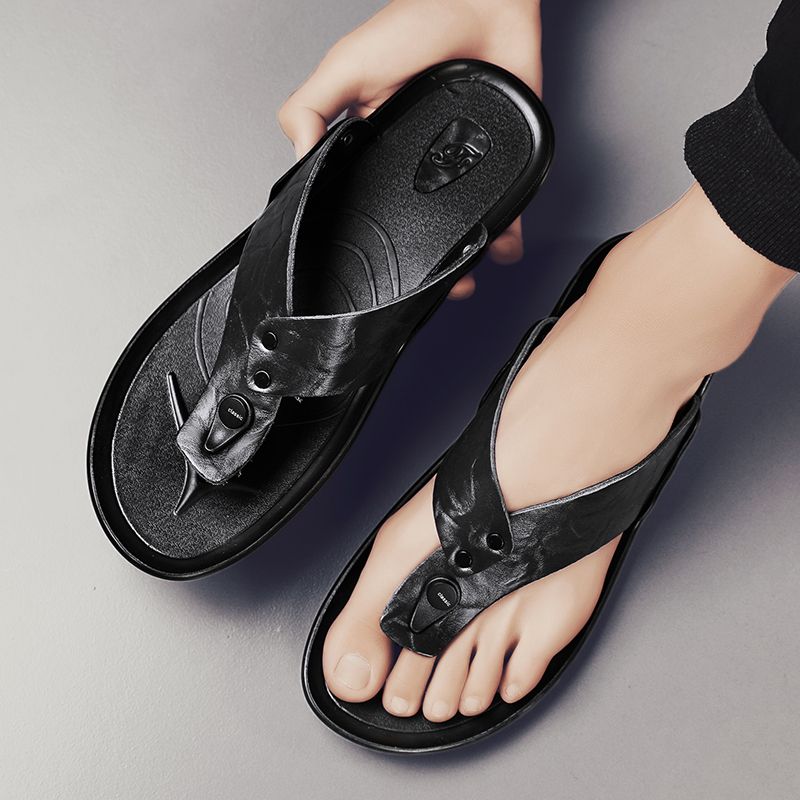 New Arrival Summer Shoes Men Luxury Flip Flops Soft Cow Leather Slippers Mens Italian High Quality Handmade Sandals Comfortable Male Flats Shoes Slip On Casual Shoes Cool Outdoor Mens Slides Black