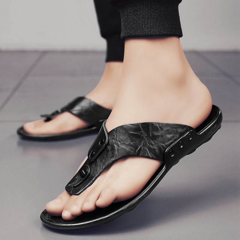 New Arrival Summer Shoes Men Luxury Flip Flops Soft Cow Leather Slippers Mens Italian High Quality Handmade Sandals Comfortable Male Flats Shoes Slip On Casual Shoes Cool Outdoor Mens Slides Black