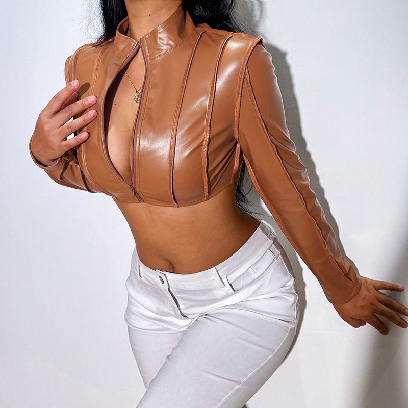 Sexy Skinny Short Jacket Long Sleeve Zip PU Leather Jacket - Brown