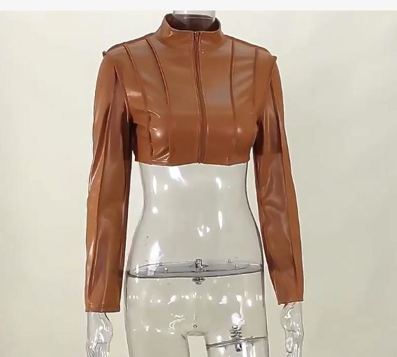 Sexy Skinny Short Jacket Long Sleeve Zip PU Leather Jacket - Brown
