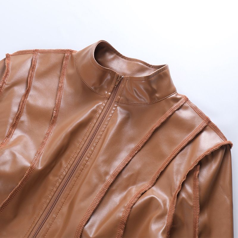 Sexy Skinny Short Jacket Long Sleeve Zip PU Leather Jacket - Brown
