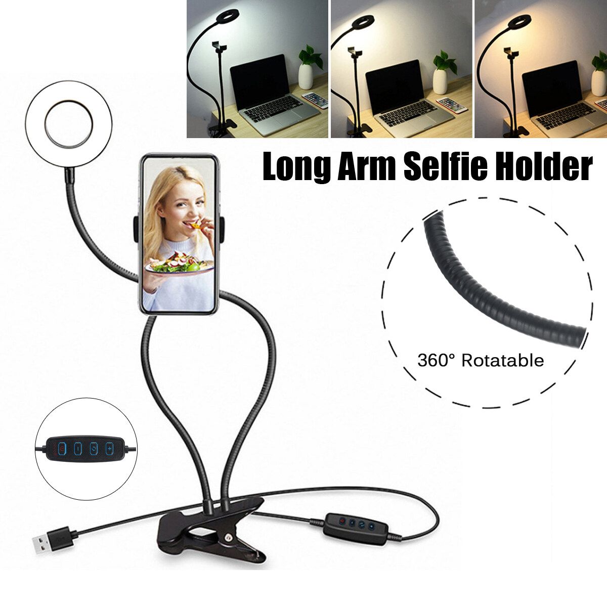 Portable Ringlight 9cm LED Dimmable USB Ring Light 360°Rotatable With Long Flexible Arm Selfie Holder For Vlog Video Beauty Makeup Video Live Portrait Tiktok Phone Photography Black