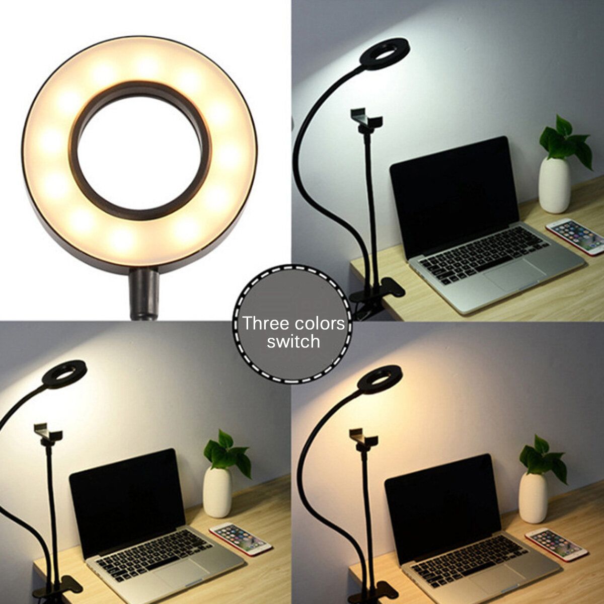 Portable Ringlight 9cm LED Dimmable USB Ring Light 360°Rotatable With Long Flexible Arm Selfie Holder For Vlog Video Beauty Makeup Video Live Portrait Tiktok Phone Photography Black