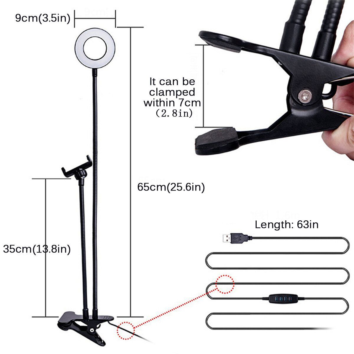 Portable Ringlight 9cm LED Dimmable USB Ring Light 360°Rotatable With Long Flexible Arm Selfie Holder For Vlog Video Beauty Makeup Video Live Portrait Tiktok Phone Photography Black