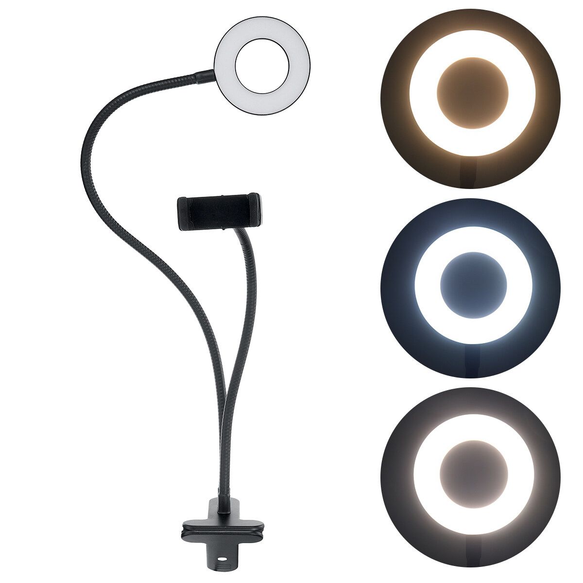 Portable Ringlight 9cm LED Dimmable USB Ring Light 360°Rotatable With Long Flexible Arm Selfie Holder For Vlog Video Beauty Makeup Video Live Portrait Tiktok Phone Photography Black