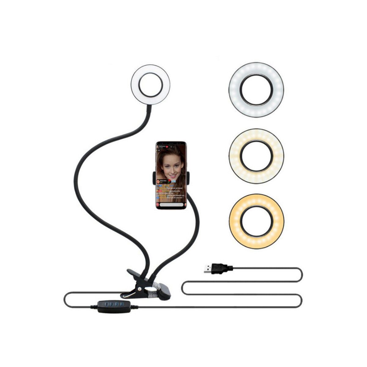 Portable Ringlight 9cm LED Dimmable USB Ring Light 360°Rotatable With Long Flexible Arm Selfie Holder For Vlog Video Beauty Makeup Video Live Portrait Tiktok Phone Photography Black