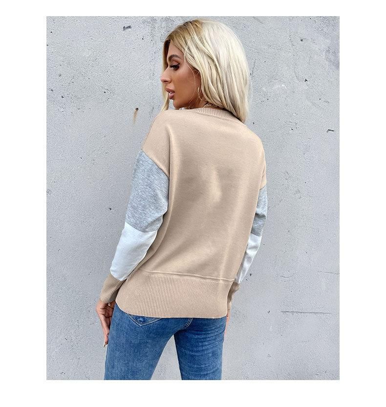 New pullover crewneck spliced long-sleeved knit sweater