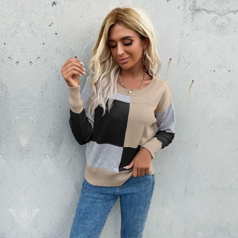 New pullover crewneck spliced long-sleeved knit sweater