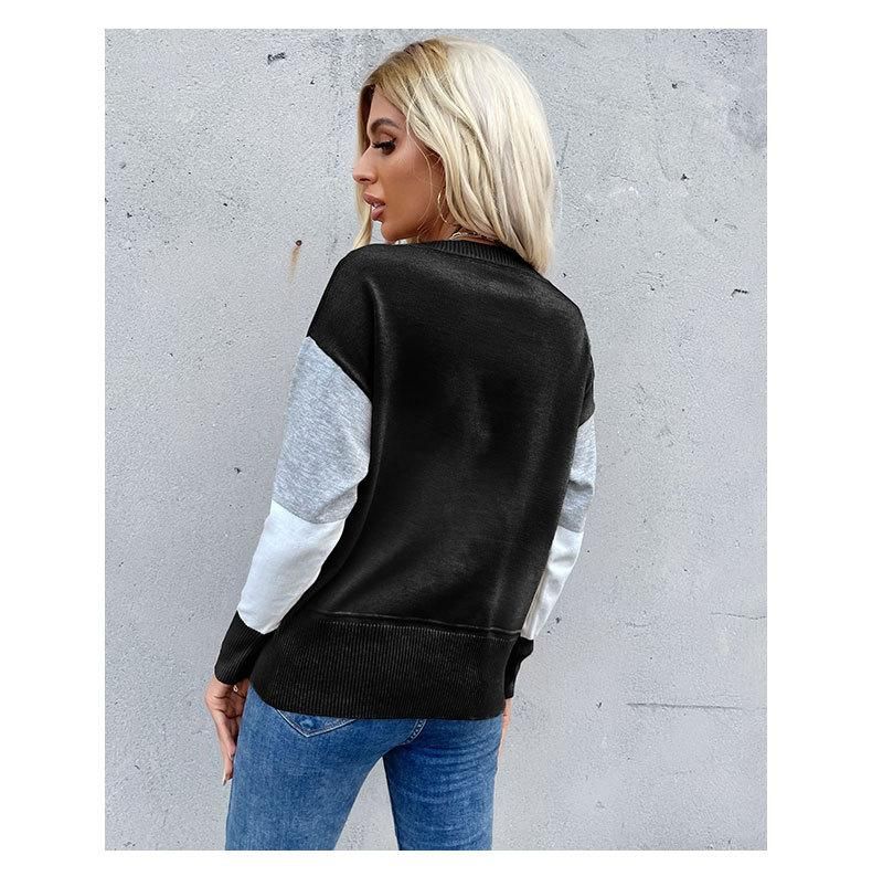 New pullover crewneck spliced long-sleeved knit sweater