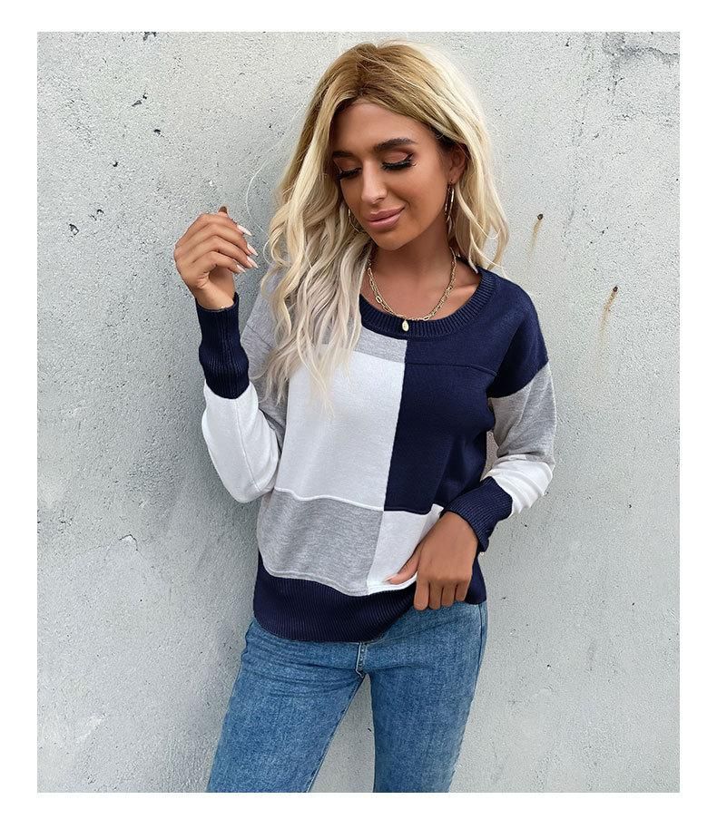 New pullover crewneck spliced long-sleeved knit sweater
