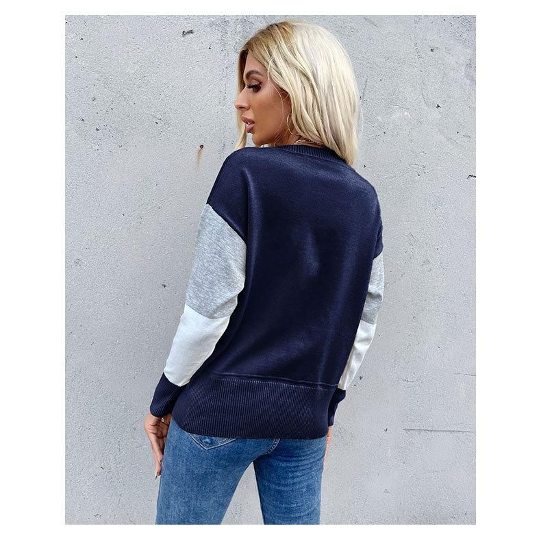 New pullover crewneck spliced long-sleeved knit sweater