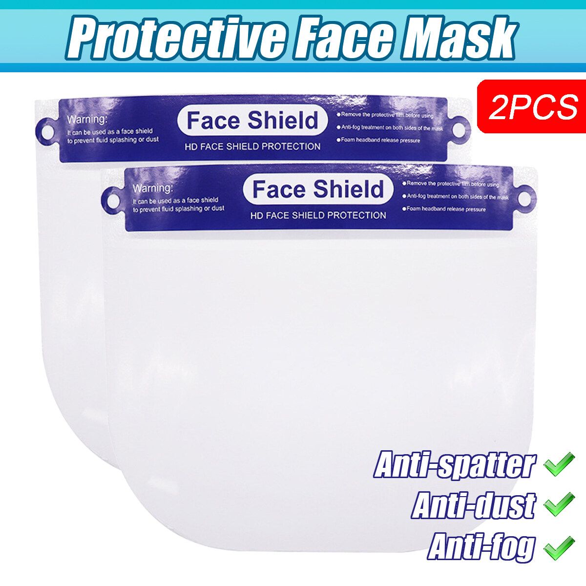 2PCS Transparent Adjustable Full Face Clear Protective Film Shield Plastic Anti-fog Safety