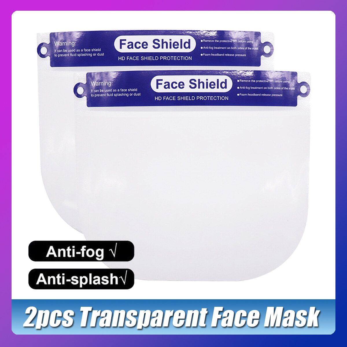 2PCS Transparent Adjustable Full Face Clear Protective Film Shield Plastic Anti-fog Safety