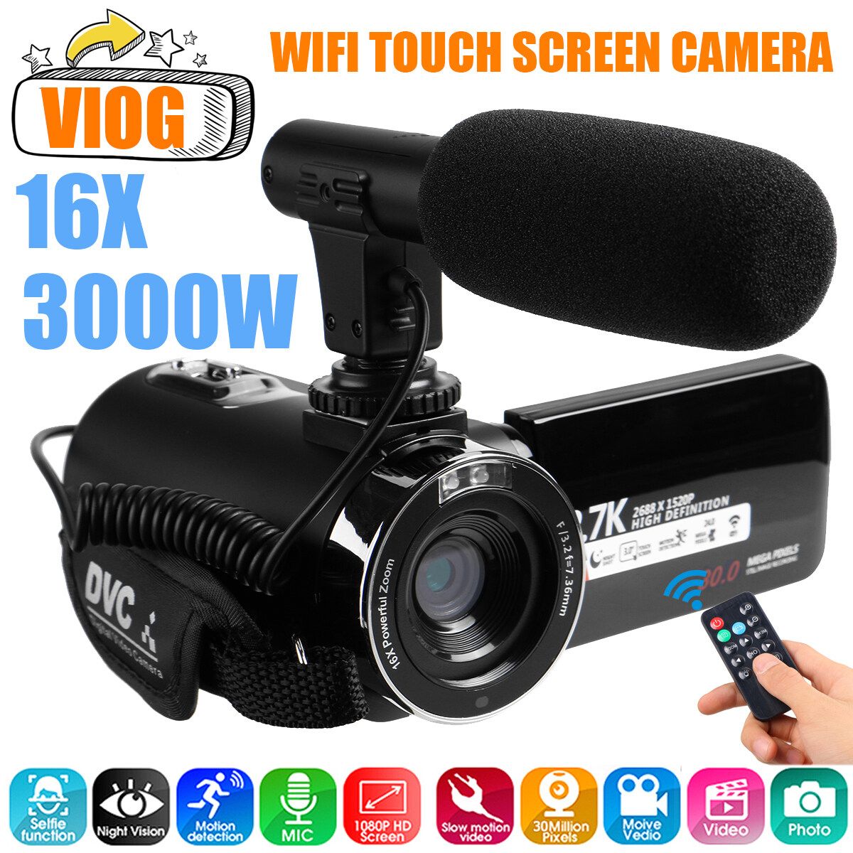 1080P HD 30.0MP Touch Screen Camcorder Video Camera Ultra Wi-Fi Digital Camera Night Vision 16X Digital Zoom Recorder With/ Without External Microphone Camera And Microphone