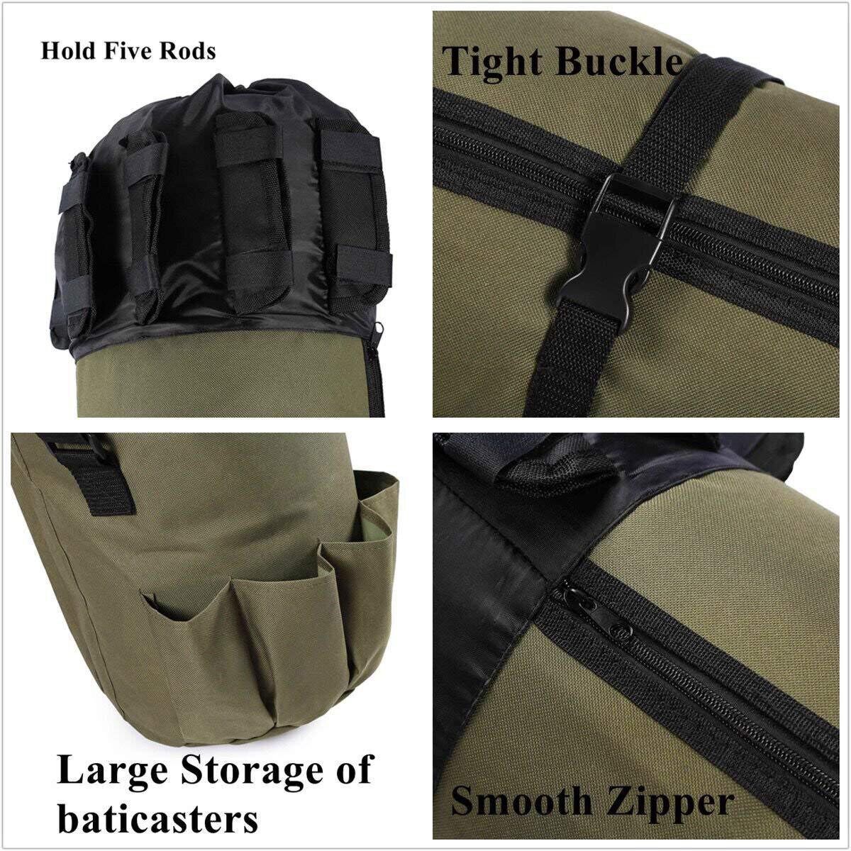 125cm Portable Folding Holder Rod Bag 600D Pole Case Carry Storage Travel Shoulder Tackle Tube, Holds 5 Poles & Tackle Khaki