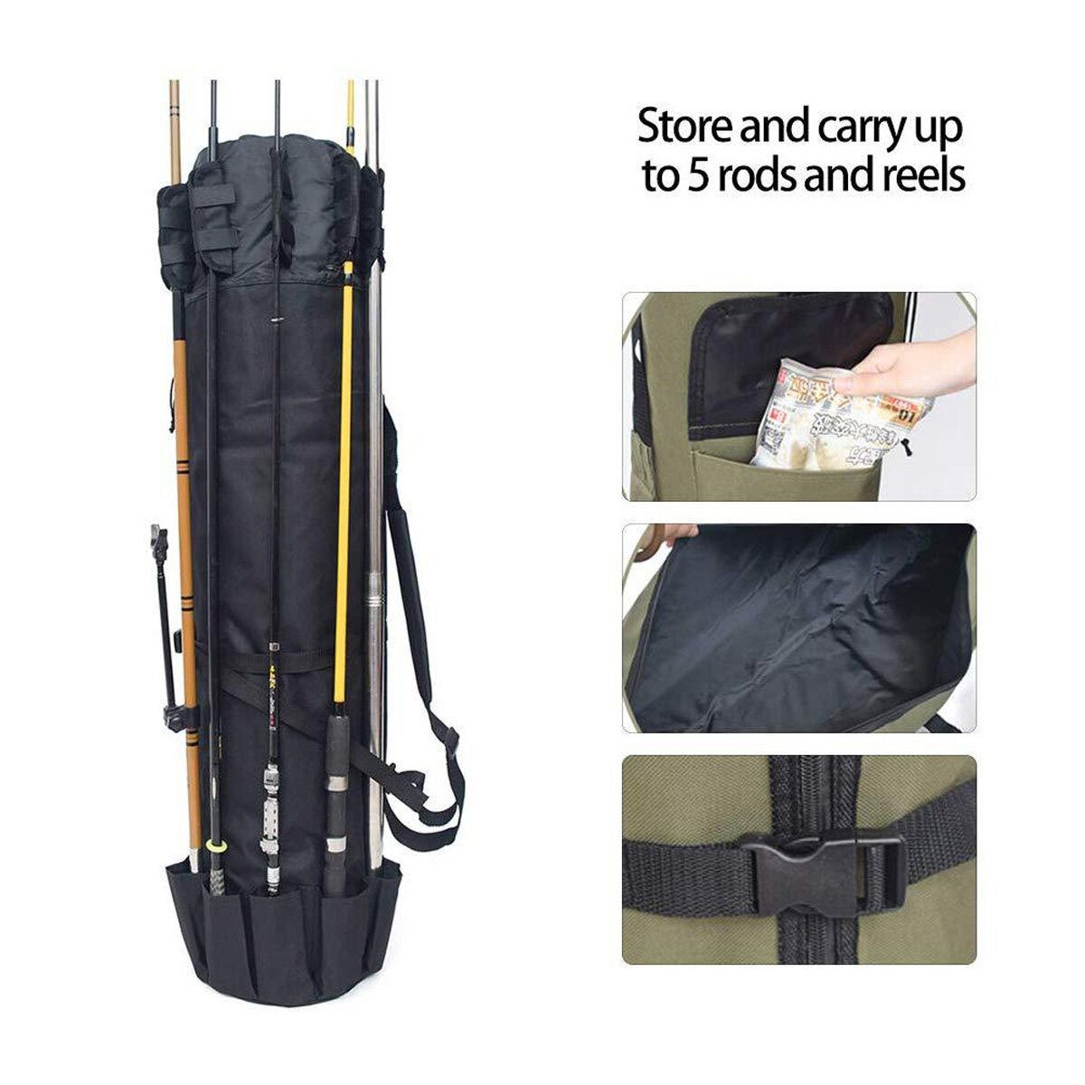 125cm Portable Folding Holder Rod Bag 600D Pole Case Carry Storage Travel Shoulder Tackle Tube, Holds 5 Poles & Tackle Khaki