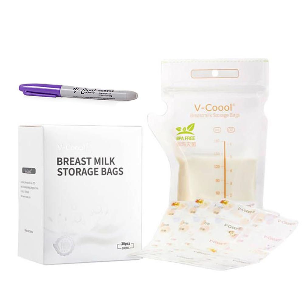 V-Coool Breastmilk Storage Bags Breast Milk Storing Bags 180ml/6oz Capacity Pre-Sterilized BPA Free Zipper Seal Leak-Proof for Breastfeeding with Stickers and Pen, Pack of 30pcs