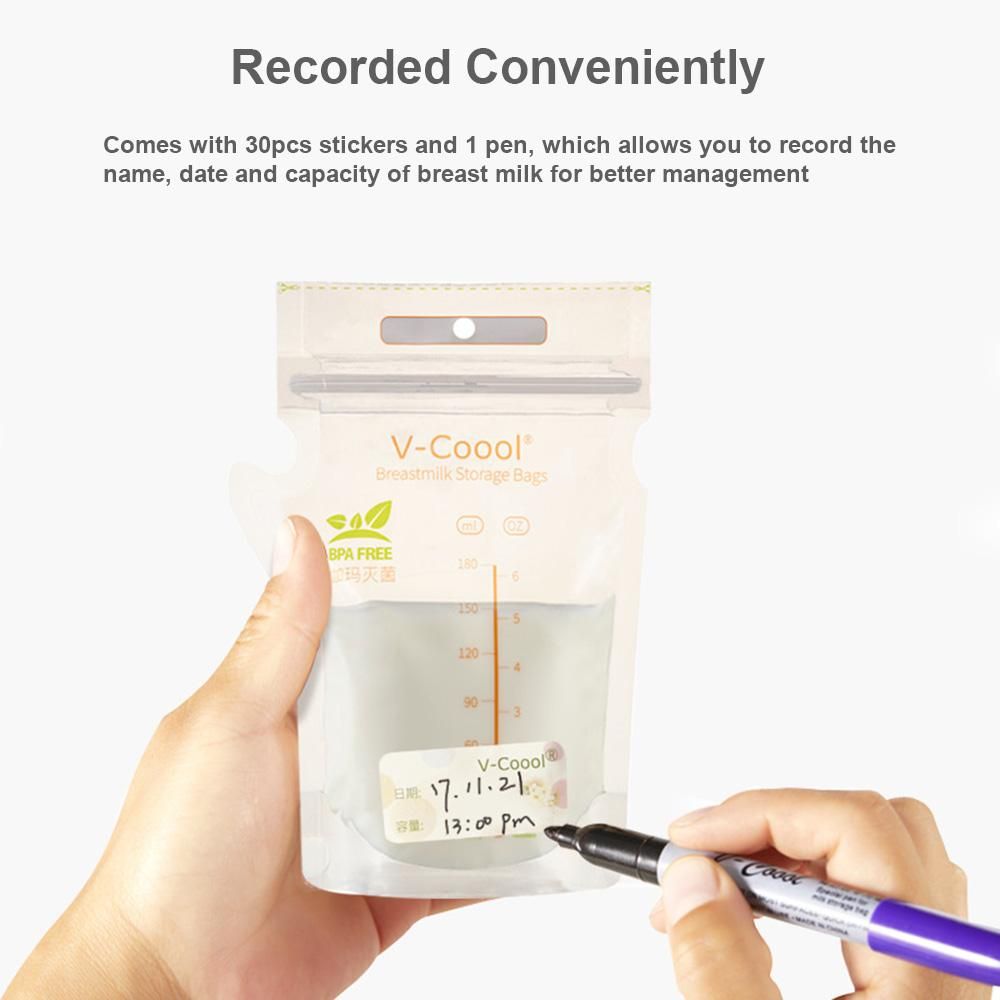 V-Coool Breastmilk Storage Bags Breast Milk Storing Bags 180ml/6oz Capacity Pre-Sterilized BPA Free Zipper Seal Leak-Proof for Breastfeeding with Stickers and Pen, Pack of 30pcs