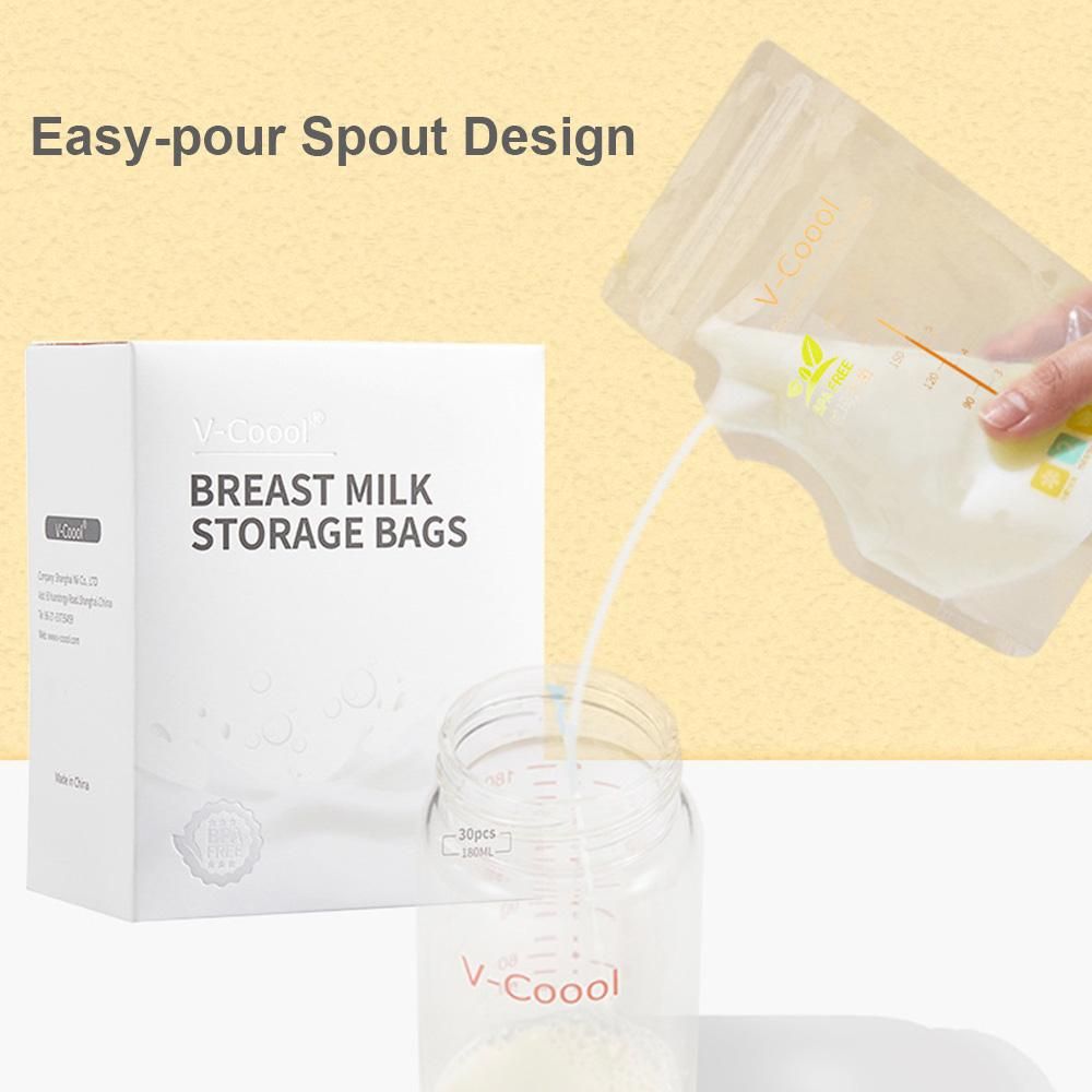 V-Coool Breastmilk Storage Bags Breast Milk Storing Bags 180ml/6oz Capacity Pre-Sterilized BPA Free Zipper Seal Leak-Proof for Breastfeeding with Stickers and Pen, Pack of 30pcs