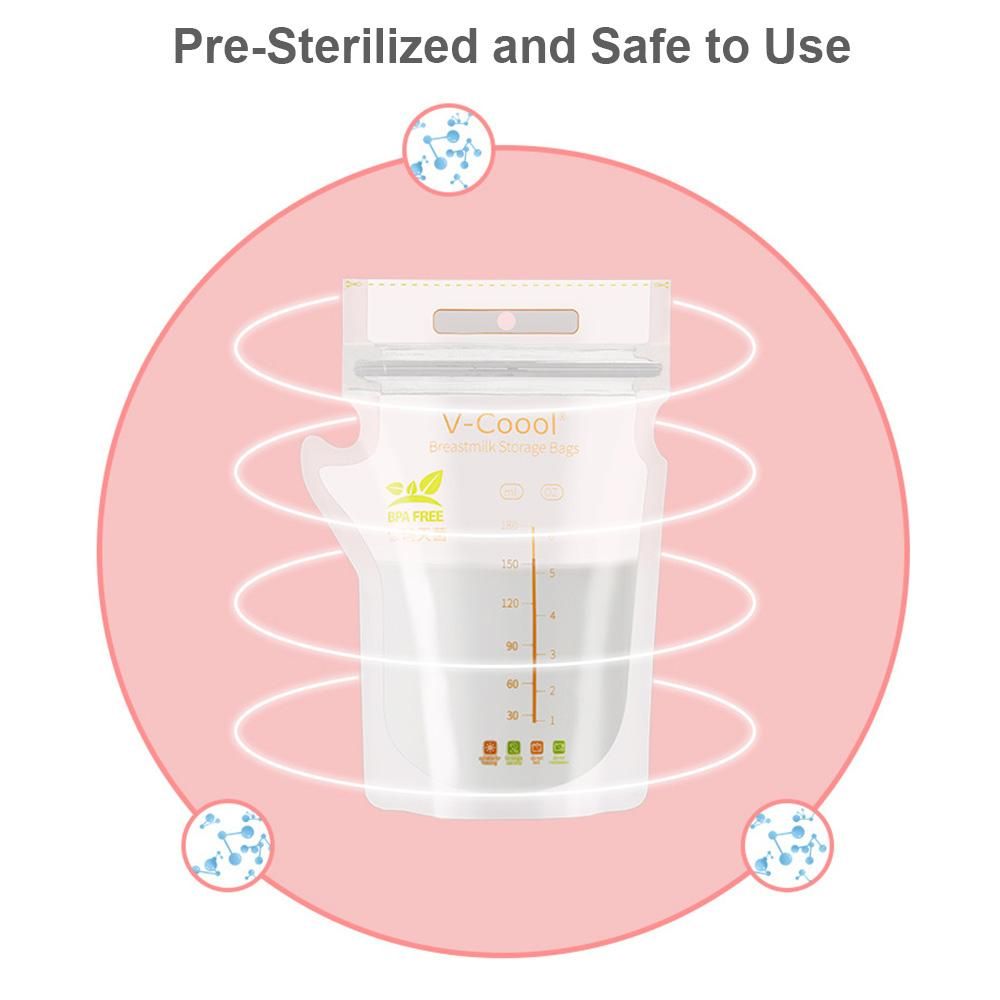 V-Coool Breastmilk Storage Bags Breast Milk Storing Bags 180ml/6oz Capacity Pre-Sterilized BPA Free Zipper Seal Leak-Proof for Breastfeeding with Stickers and Pen, Pack of 30pcs