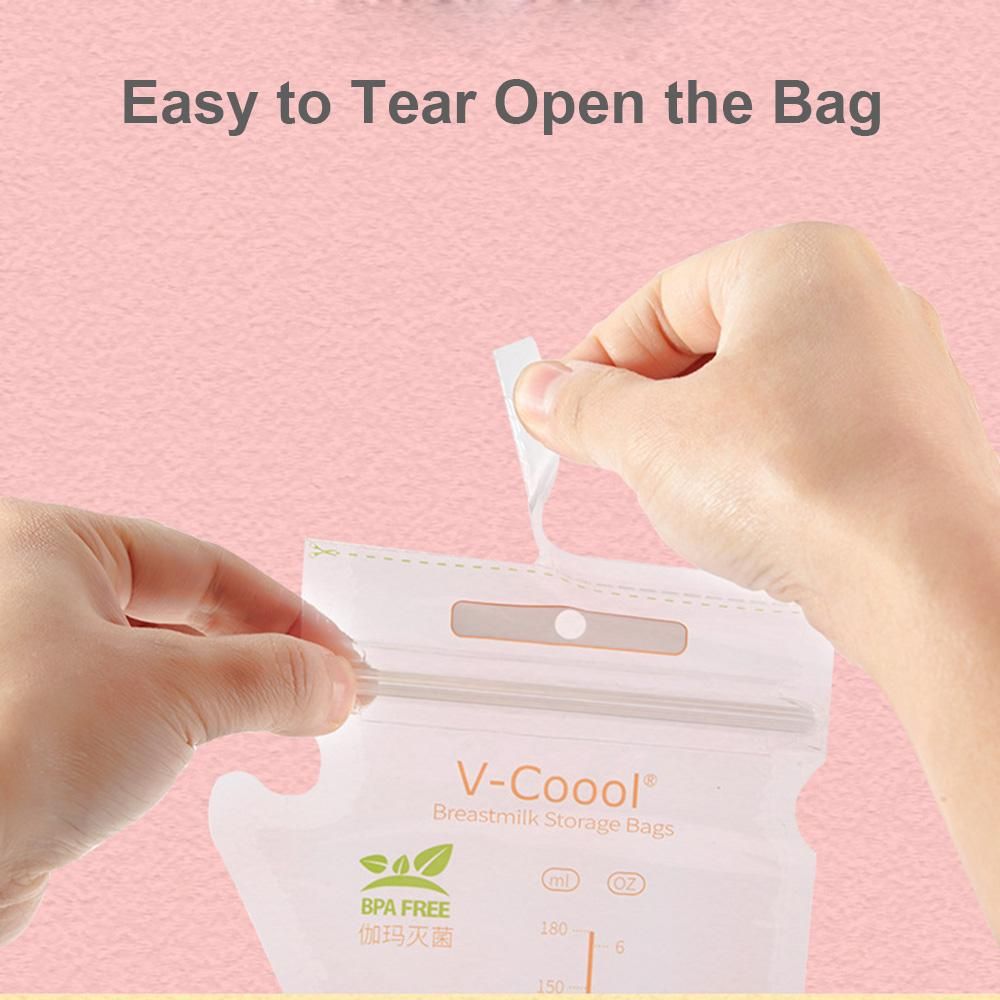 V-Coool Breastmilk Storage Bags Breast Milk Storing Bags 180ml/6oz Capacity Pre-Sterilized BPA Free Zipper Seal Leak-Proof for Breastfeeding with Stickers and Pen, Pack of 30pcs