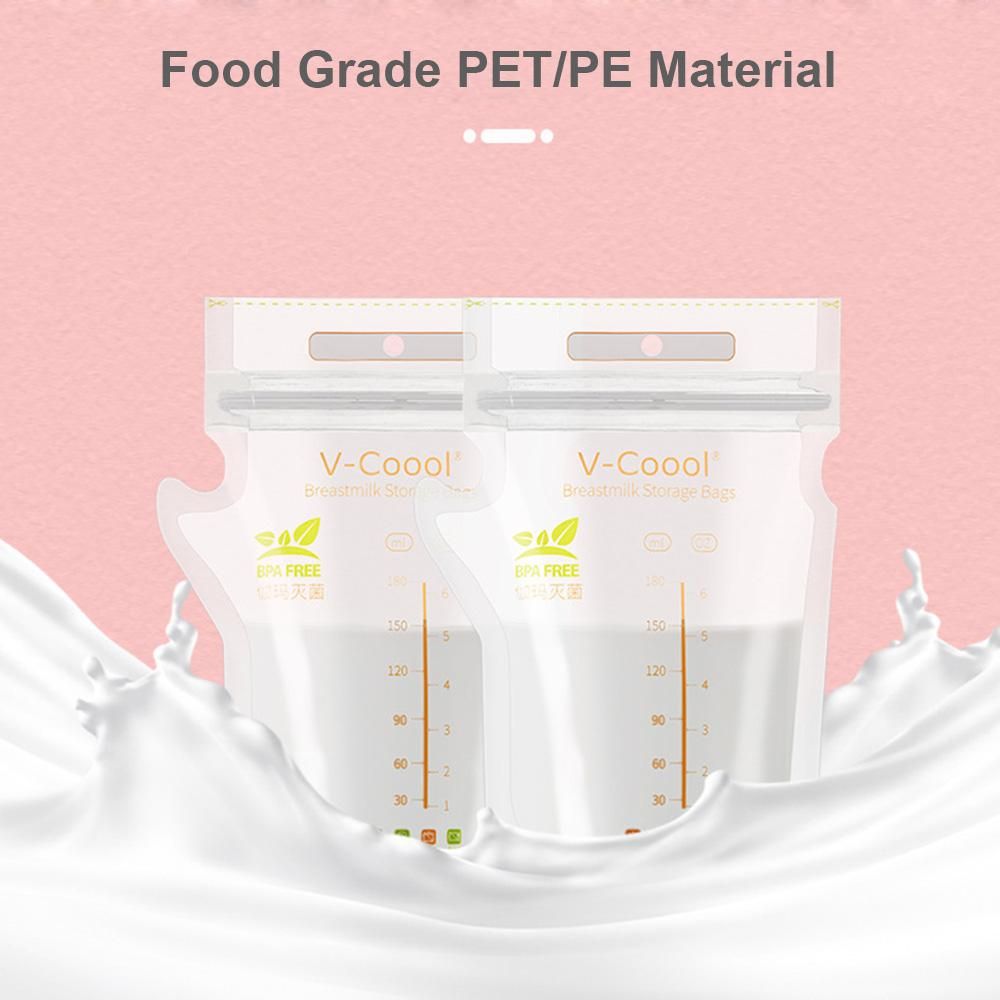 V-Coool Breastmilk Storage Bags Breast Milk Storing Bags 180ml/6oz Capacity Pre-Sterilized BPA Free Zipper Seal Leak-Proof for Breastfeeding with Stickers and Pen, Pack of 30pcs