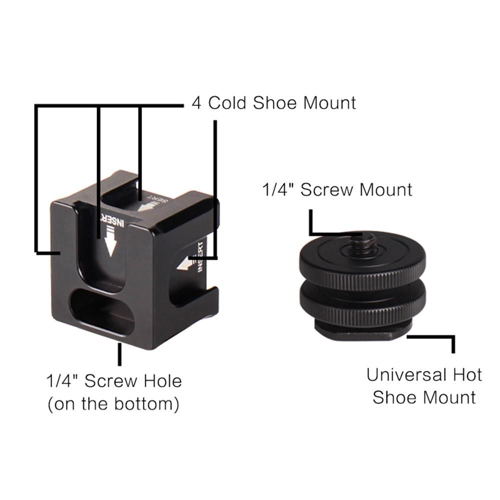 Universal Aluminium Alloy Cold Shoe Camera Mount Adapter with 4 Cold Shoe Mount 1/4 Inch Screw Mount for Microphone LED Video Light Monitors Camera Accessories for Sony Canon Nikon DSLR DV Cameras Flash Bracket