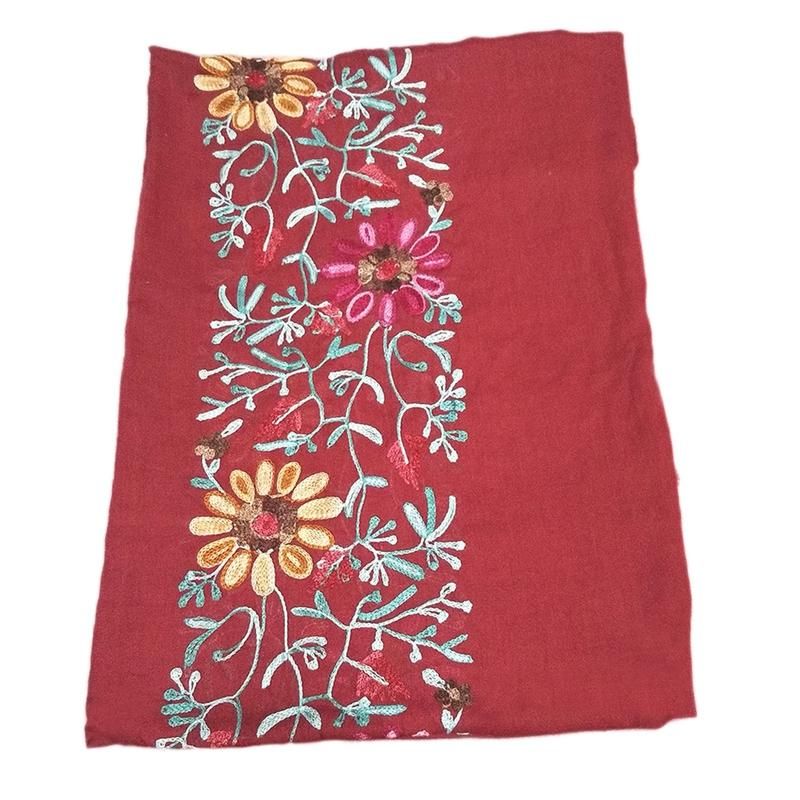 Embroidered Flower Scarf Cotton Women Long Wrap-Wine Red