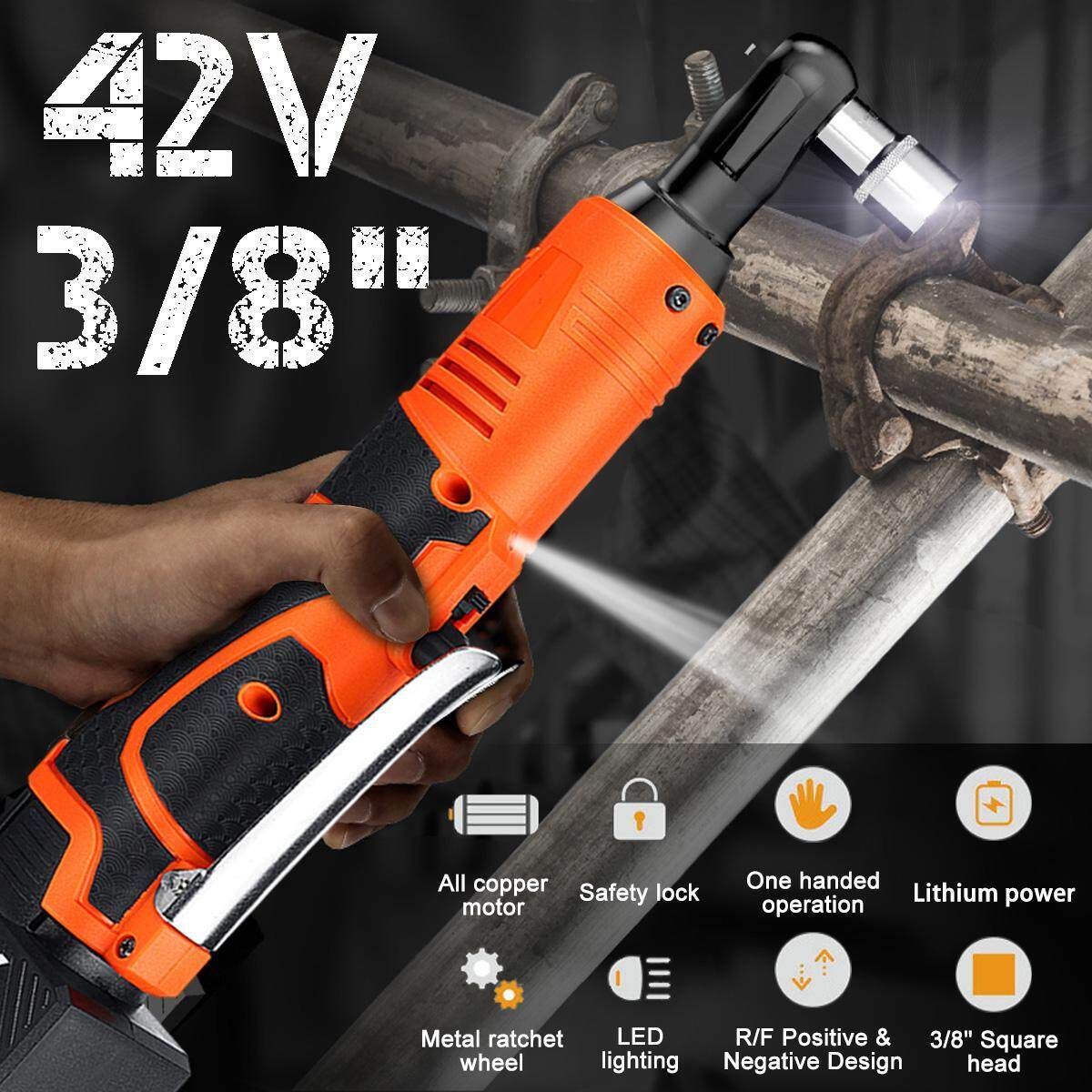 42V 3/8'' 90Nm Electric Rechargeable Cordless LED Ratchet Angle Wrench Kit Tool