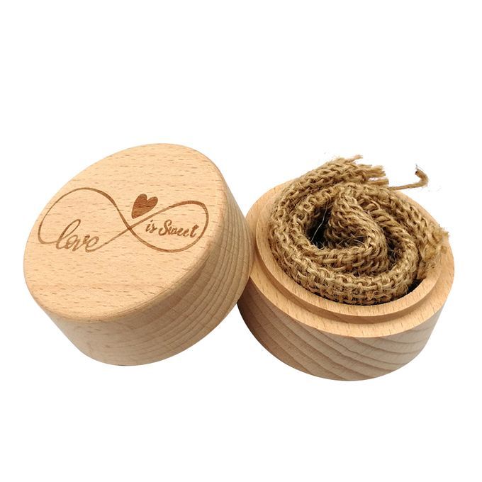 Wooden Round Beech Wedding Ring Box With Letter Love Is