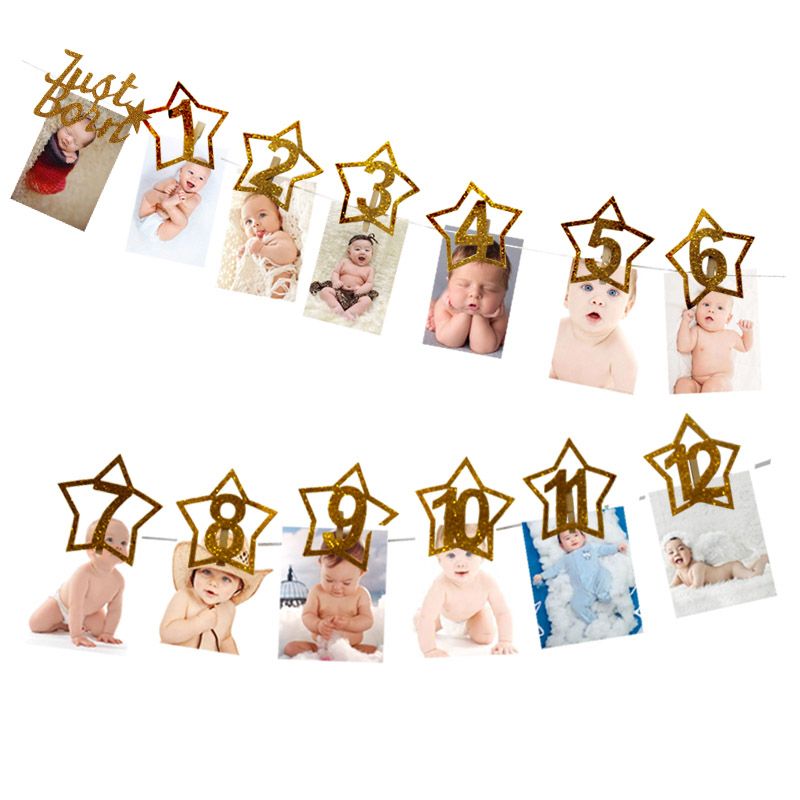 Happy Birthday Frist Birthday Banners 12 Months Photo Bunting Baby-Gold Star