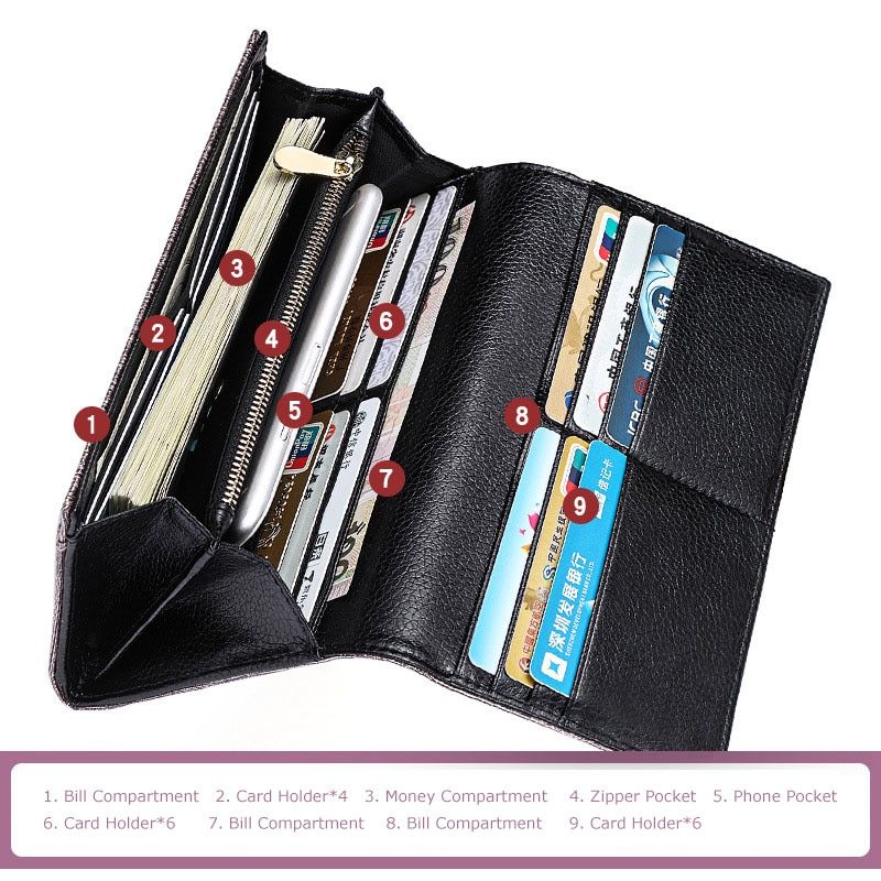 Wallet Women  Leather Long 3 Fold Cellphone Purse Female Clutch Ladies Wallets Cow Leather Big Capacity Coin Money Bag-Light Gold
