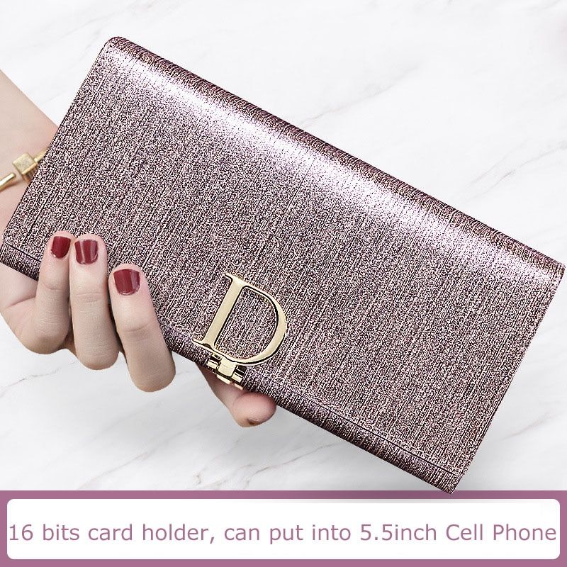 Wallet Women  Leather Long 3 Fold Cellphone Purse Female Clutch Ladies Wallets Cow Leather Big Capacity Coin Money Bag-Light Gold