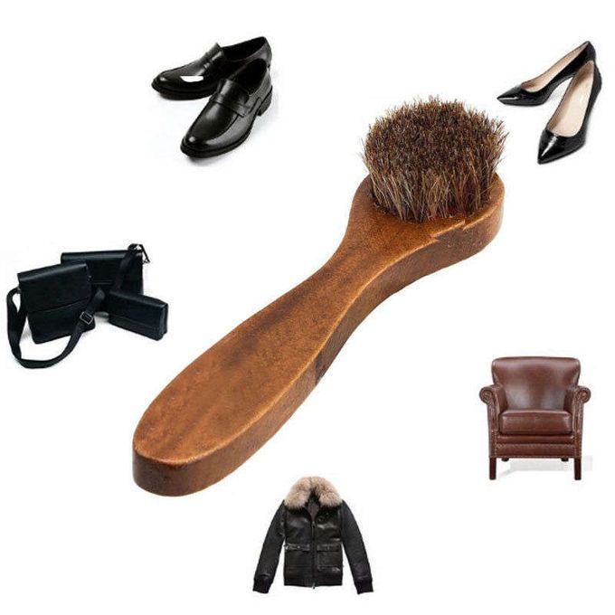 Horse Hair Shoe Brush Tool Shine Polish Buffing Brown Wooden Brush