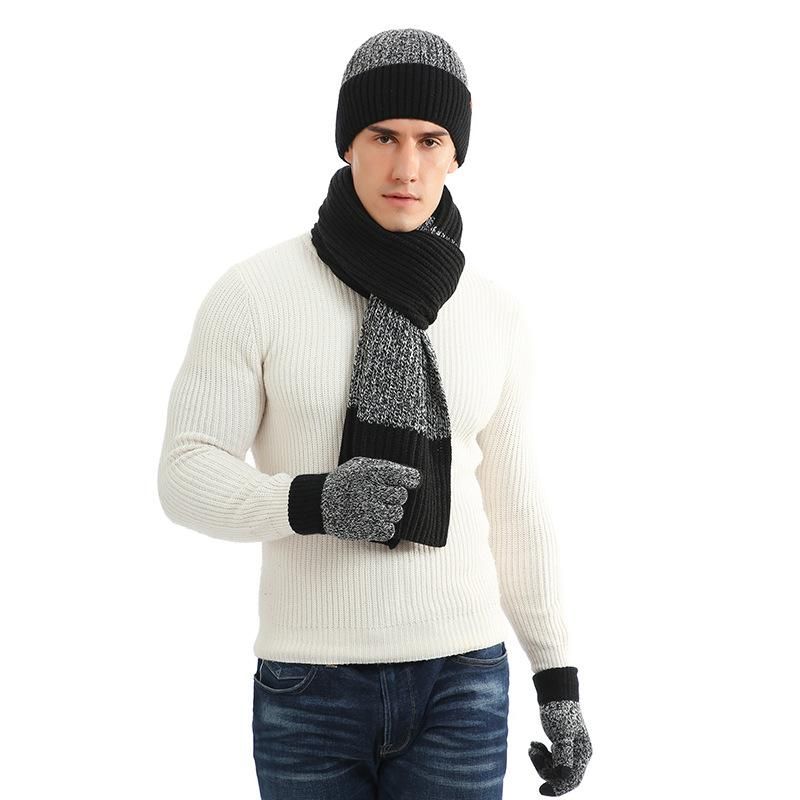 Cross-border autumn and winter thickened wool hat warm suit new men and women hat scarf gloves three-piece gift spot black