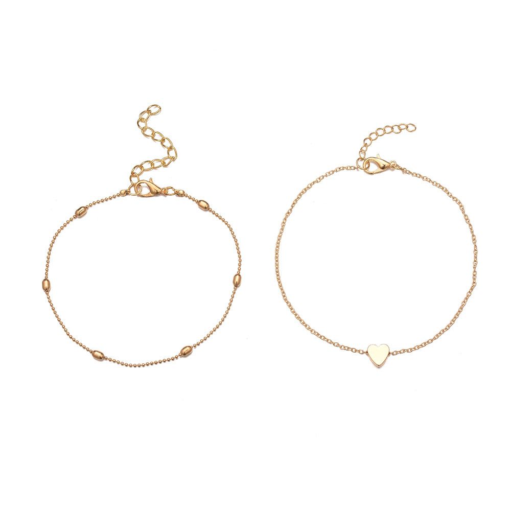 New Fashion Oval Bead Chain Big Heart Alloy Ladies Beach Anklet-Gold