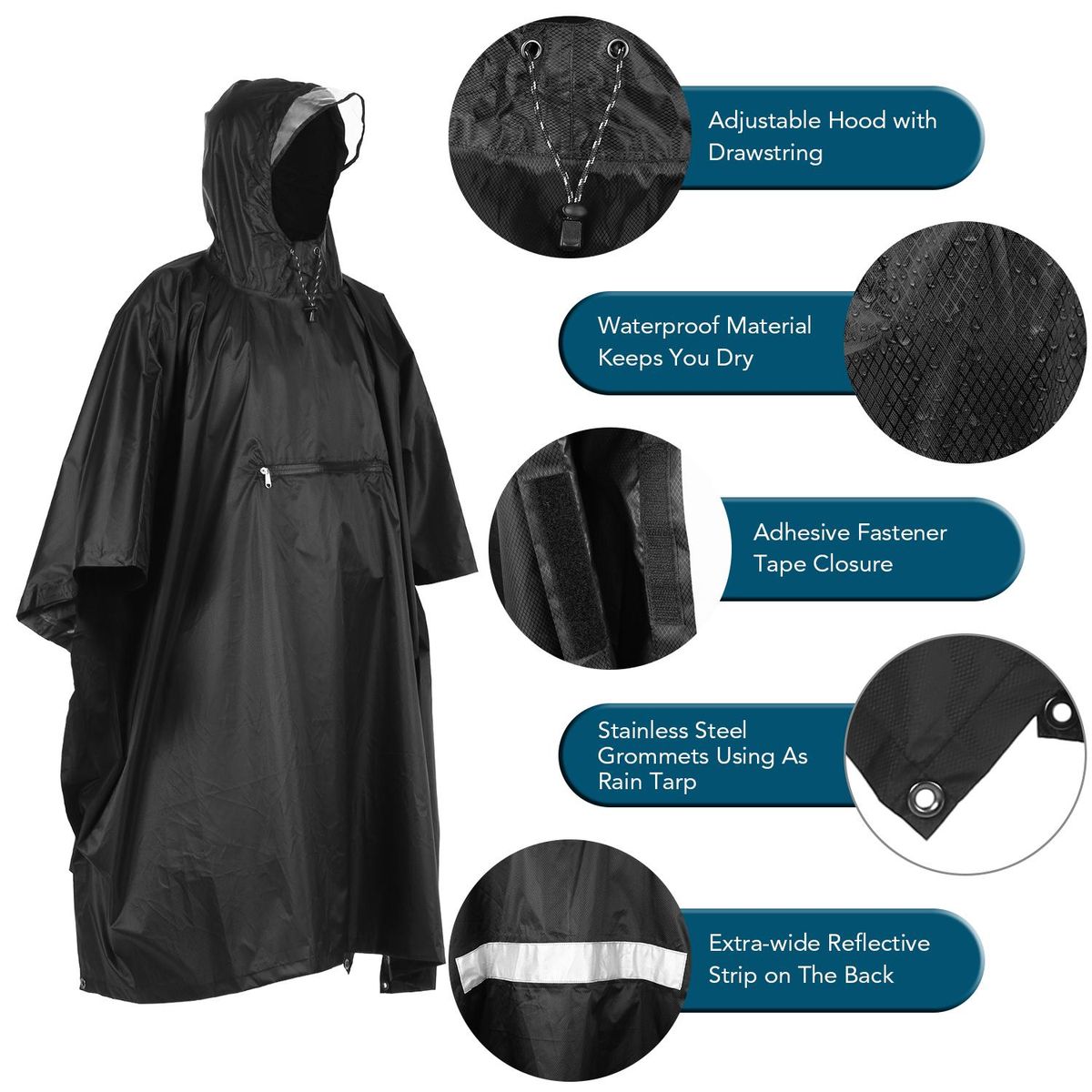 Lixada Hooded Rain Poncho Waterproof Raincoat Jacket Cycling Rain Cover for Outdoor Camping Hiking Fishing