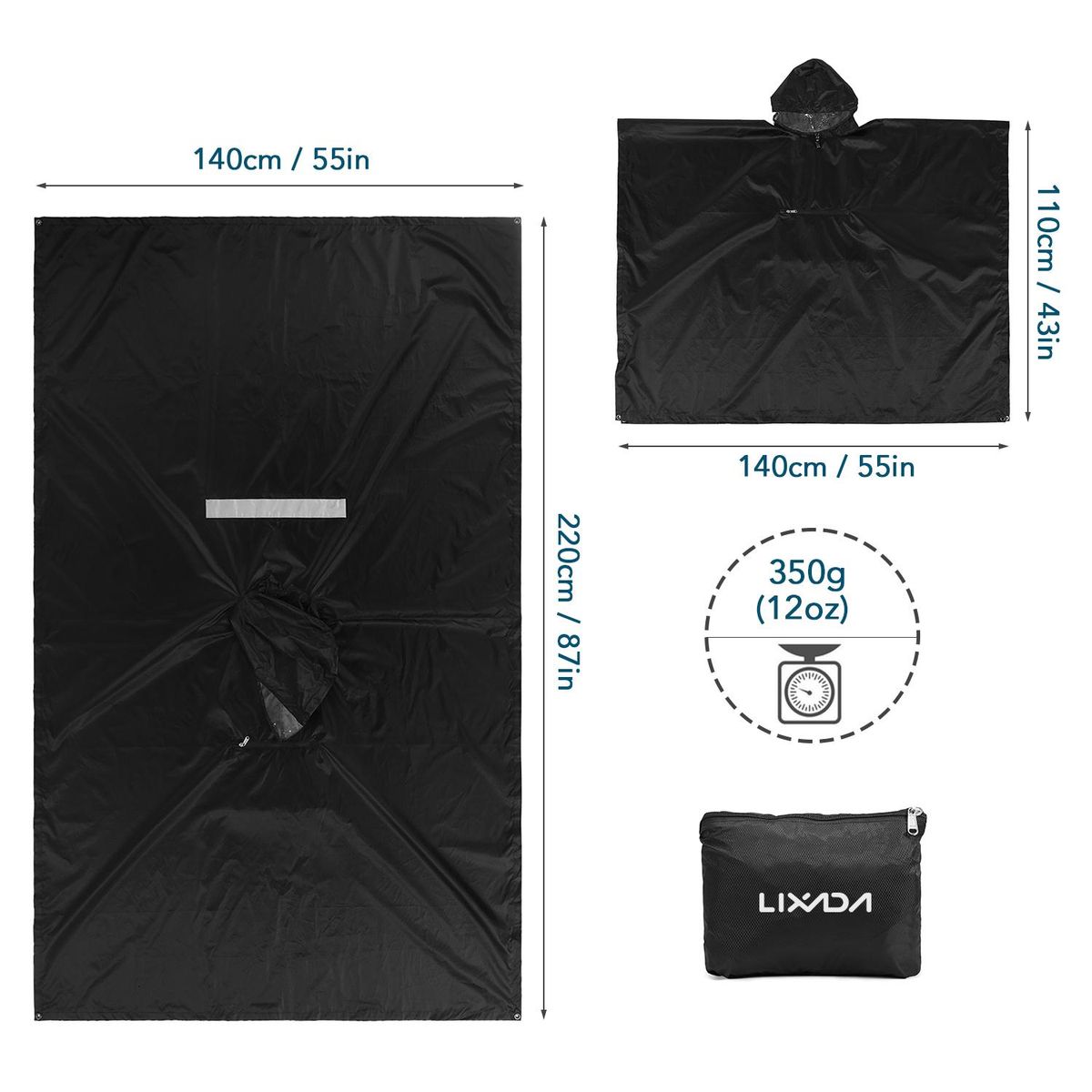 Lixada Hooded Rain Poncho Waterproof Raincoat Jacket Cycling Rain Cover for Outdoor Camping Hiking Fishing