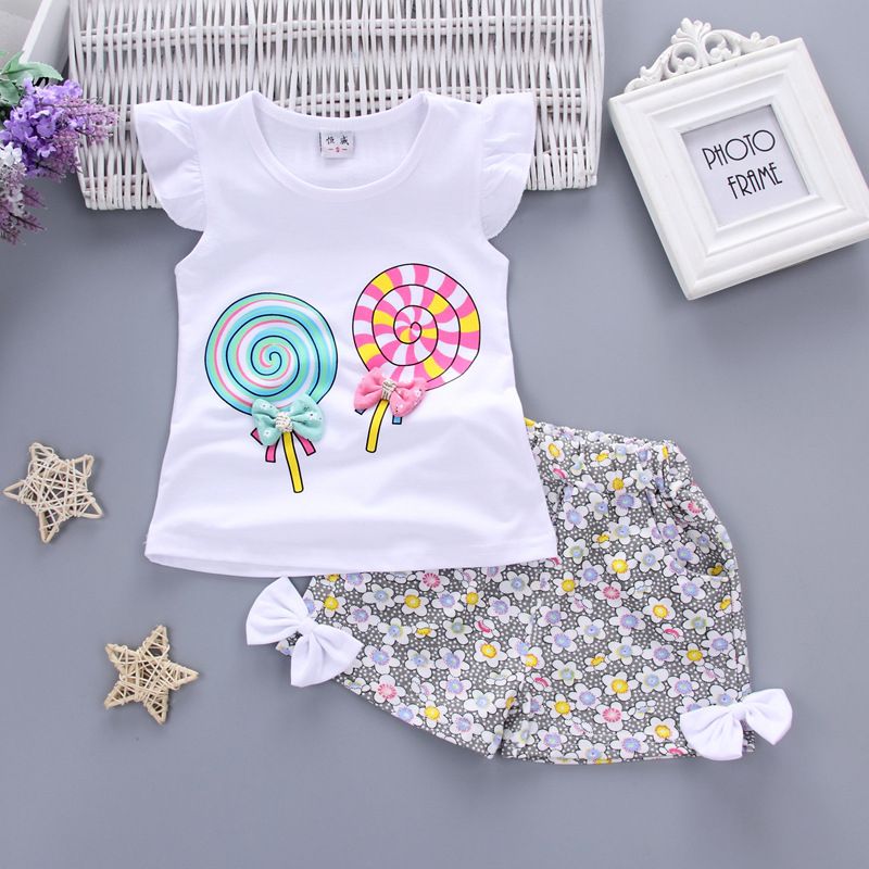 Girls Lollipop Flying Sleeve + Short Cotton Suit - White