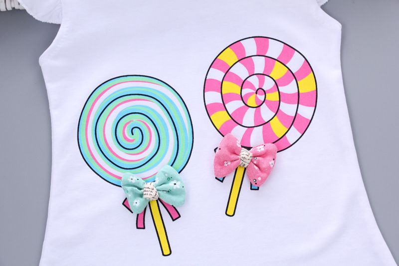 Girls Lollipop Flying Sleeve + Short Cotton Suit - White