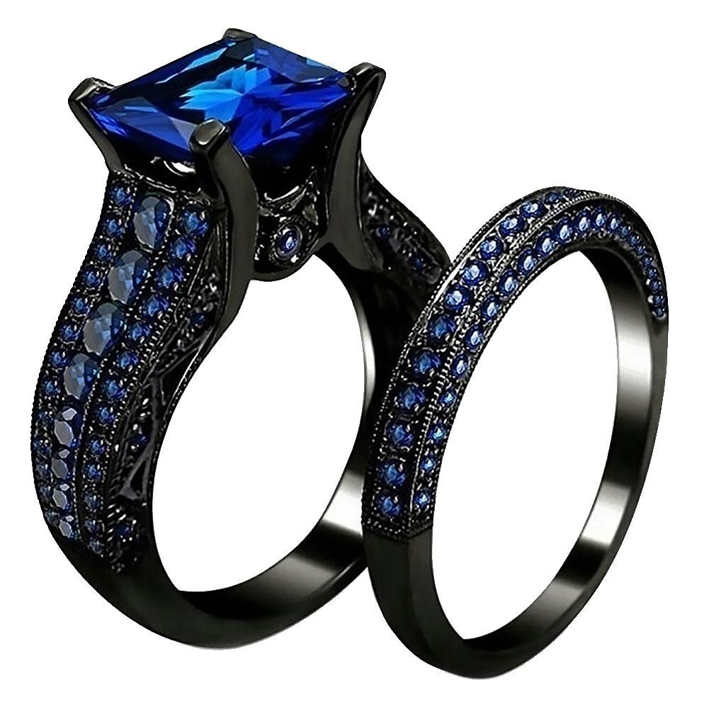 2Pcs/Set Women Square Cubic Zirconia Finger Ring-Black