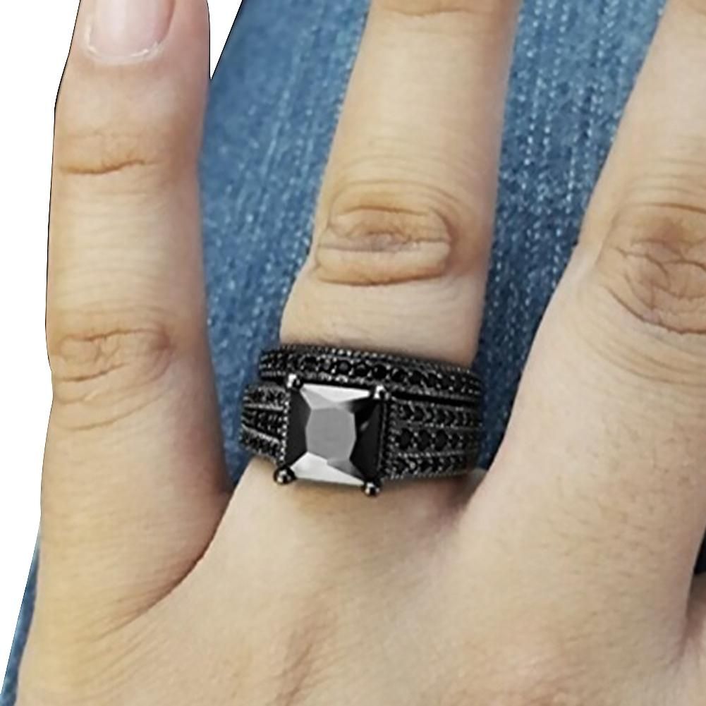 2Pcs/Set Women Square Cubic Zirconia Finger Ring-Black