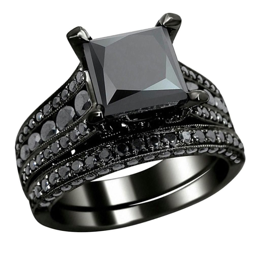 2Pcs/Set Women Square Cubic Zirconia Finger Ring-Black