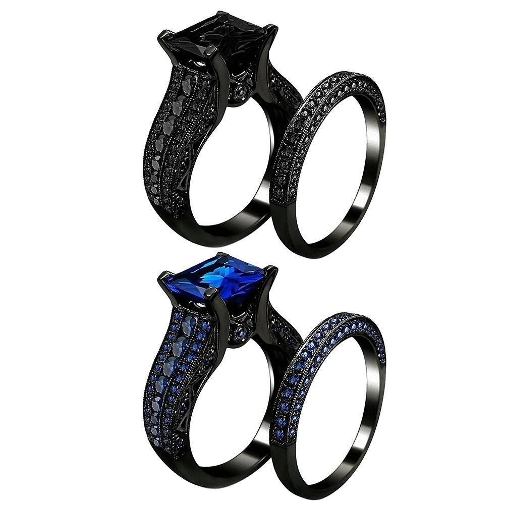 2Pcs/Set Women Square Cubic Zirconia Finger Ring-Black