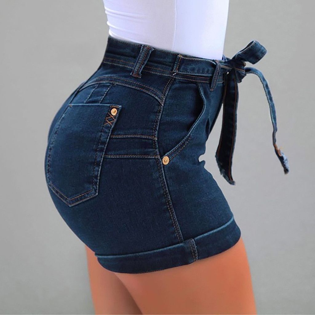 (Dark Blue)Women's Shorts Denim Belt Pocket Ladies Shorts Solid Color Casual Fashion Cloth Female Summer Denim Shorts New Arrivals#G7 DOU
