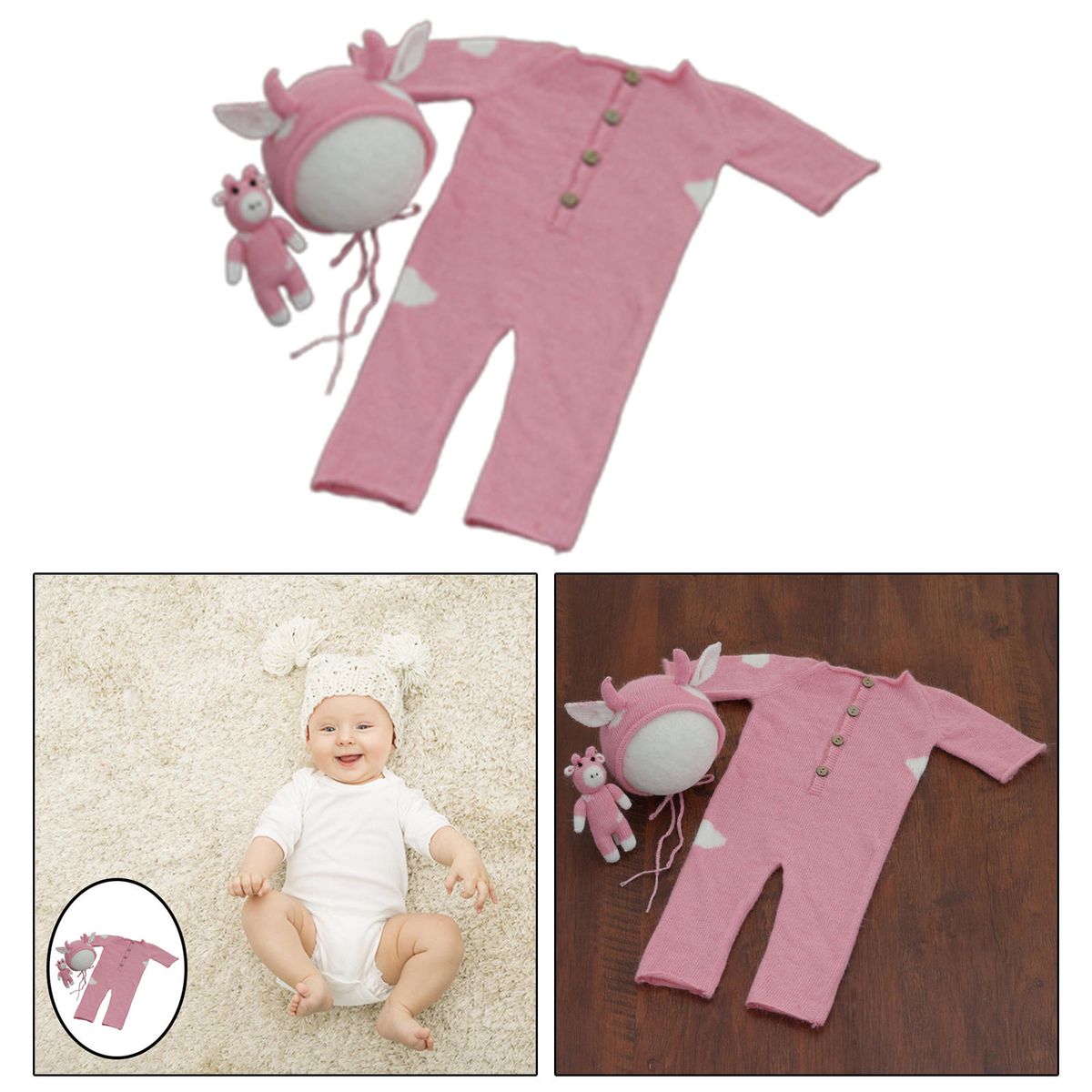 Baby Jumpsuit Knitted Cotton For Holiday Photography Shooting Pink