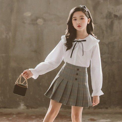 Big Collar Blouse Pleated Skirt Set School Uniform For Kids