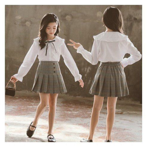 Big Collar Blouse Pleated Skirt Set School Uniform For Kids